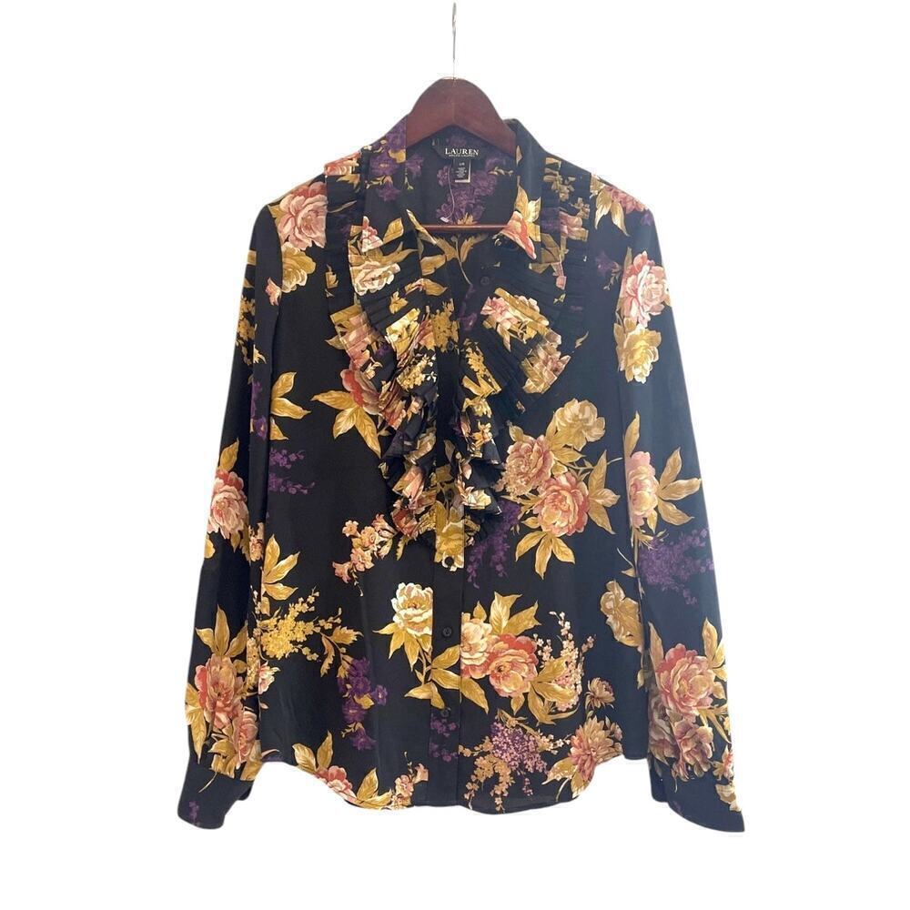 NEW Lauren Ralph Lauren Womens Sz 6 Floral Ruffle-Trim Georgette Shirt Black - Picture 5 of 12